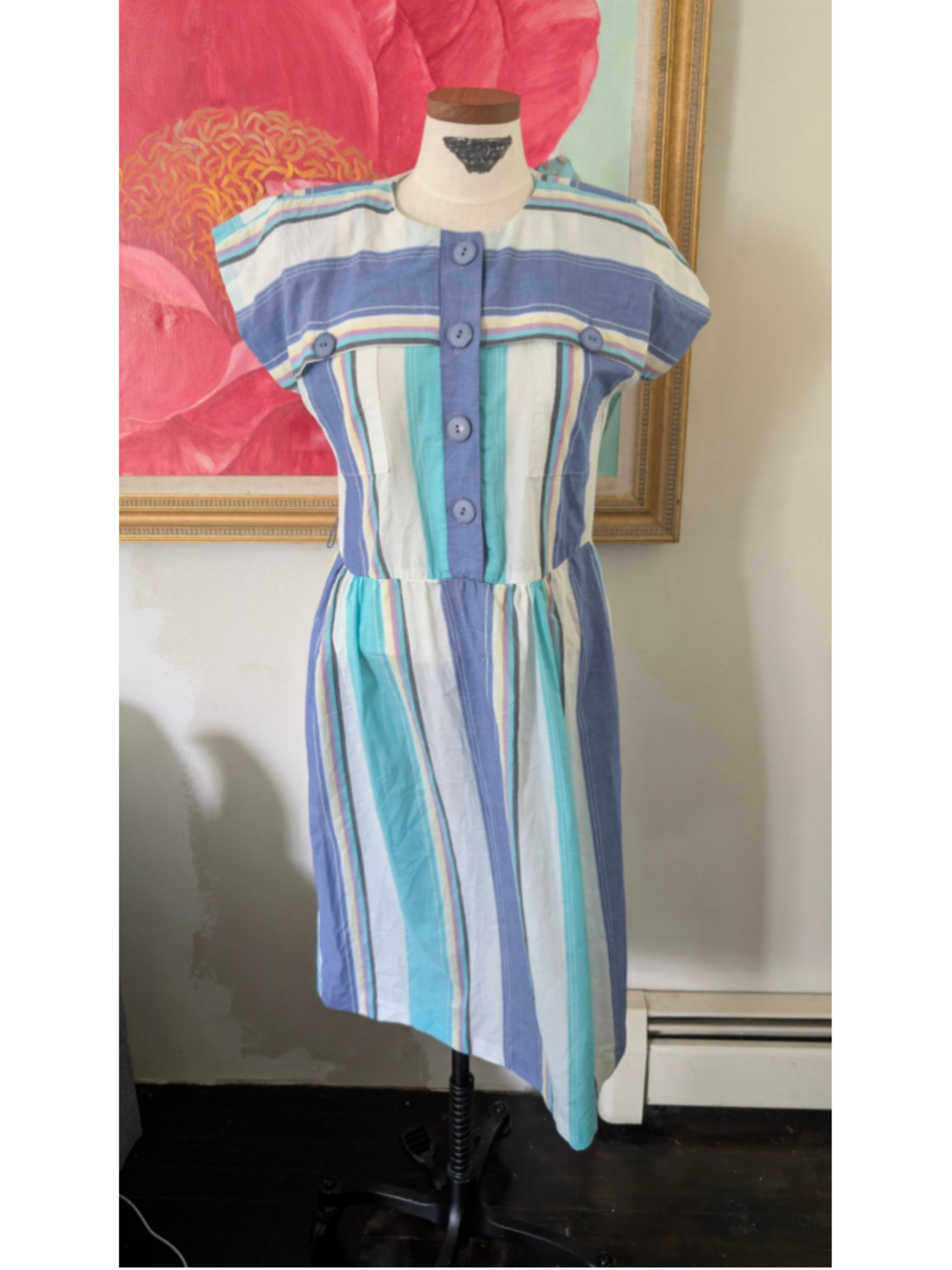 Vintage 70s Jennifer Gee Midi Dress Size M Blue White Striped Button Front